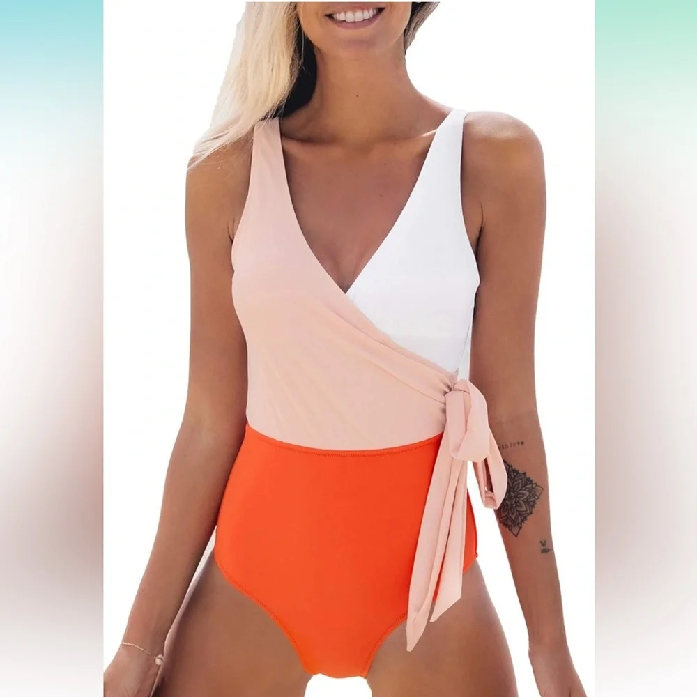 CUPSHE Women's One Piece Swimsuit Wrap Color Block Tie‎ Side Bathing Suit